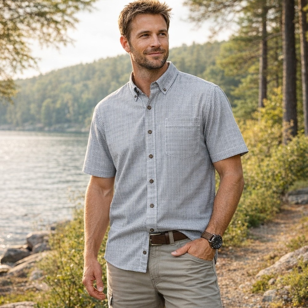 Red Head Brand Co Button Down Shirt Mens Large Gray Check Short Sleeve Cotton Po